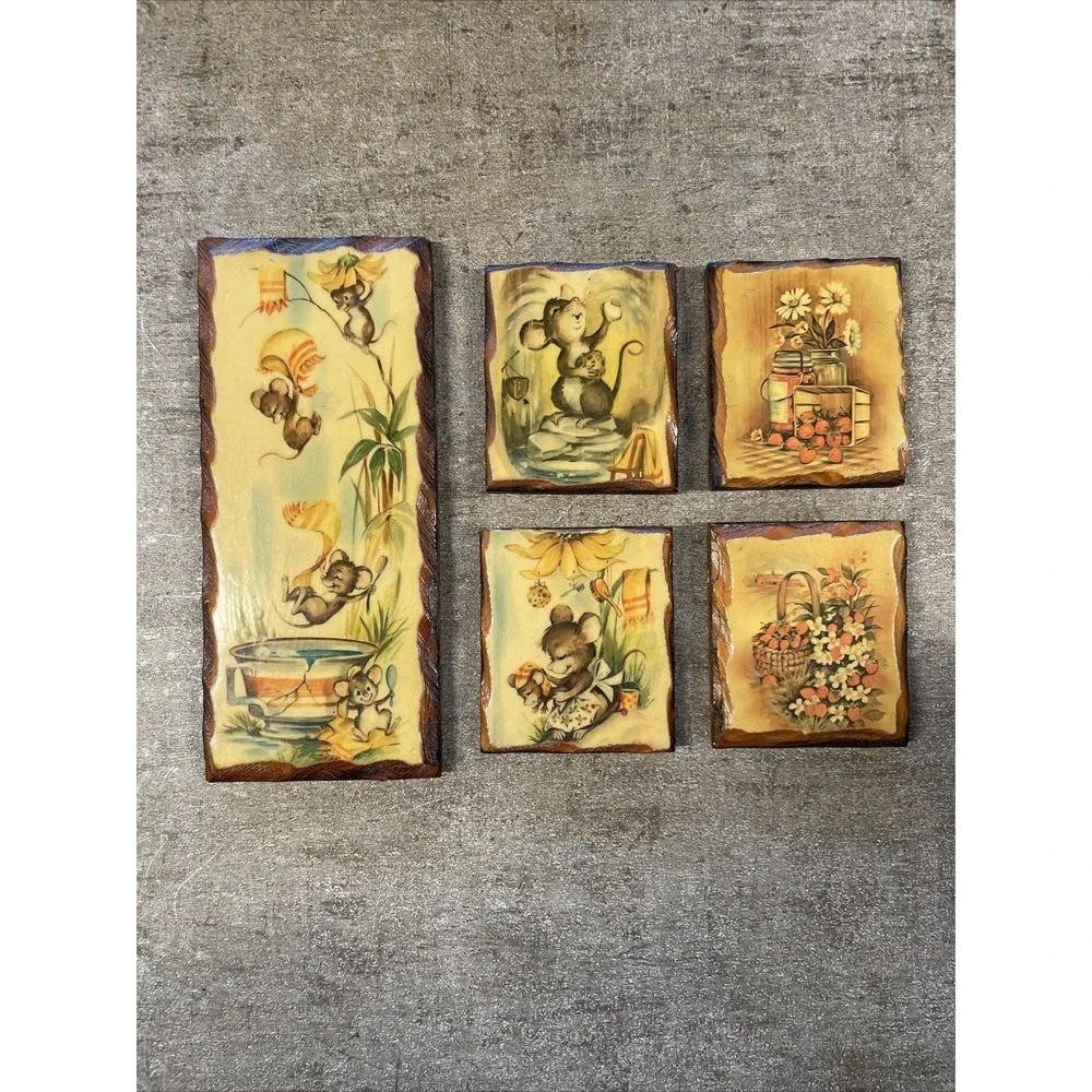 5 Piece Vintage‎ Kitschy Coby Mouse Mice At Home Art On Wood Wall Plaque